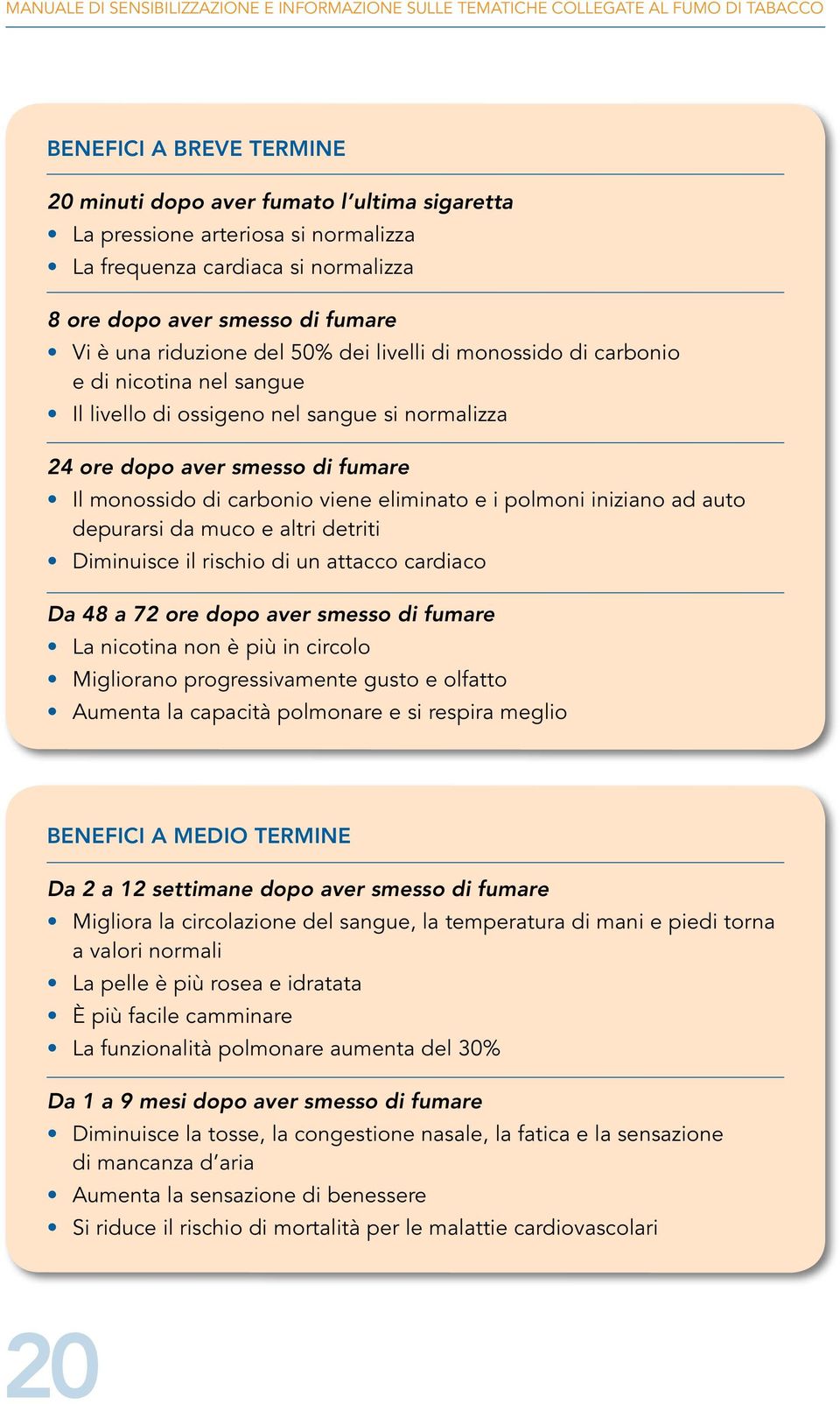 normalizza 24 ore dopo aver smesso di fumare Il monossido di carbonio viene eliminato e i polmoni iniziano ad auto depurarsi da muco e altri detriti Diminuisce il rischio di un attacco cardiaco Da 48