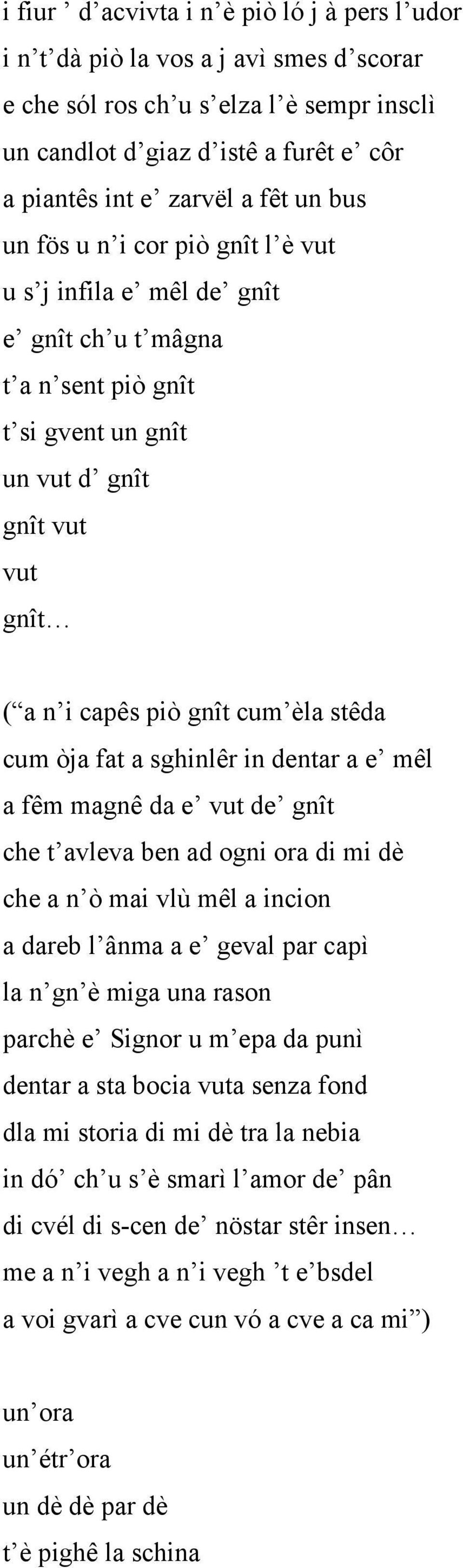 òja fat a sghinlêr in dentar a e mêl a fêm magnê da e vut de gnît che t avleva ben ad ogni ora di mi dè che a n ò mai vlù mêl a incion a dareb l ânma a e geval par capì la n gn è miga una rason