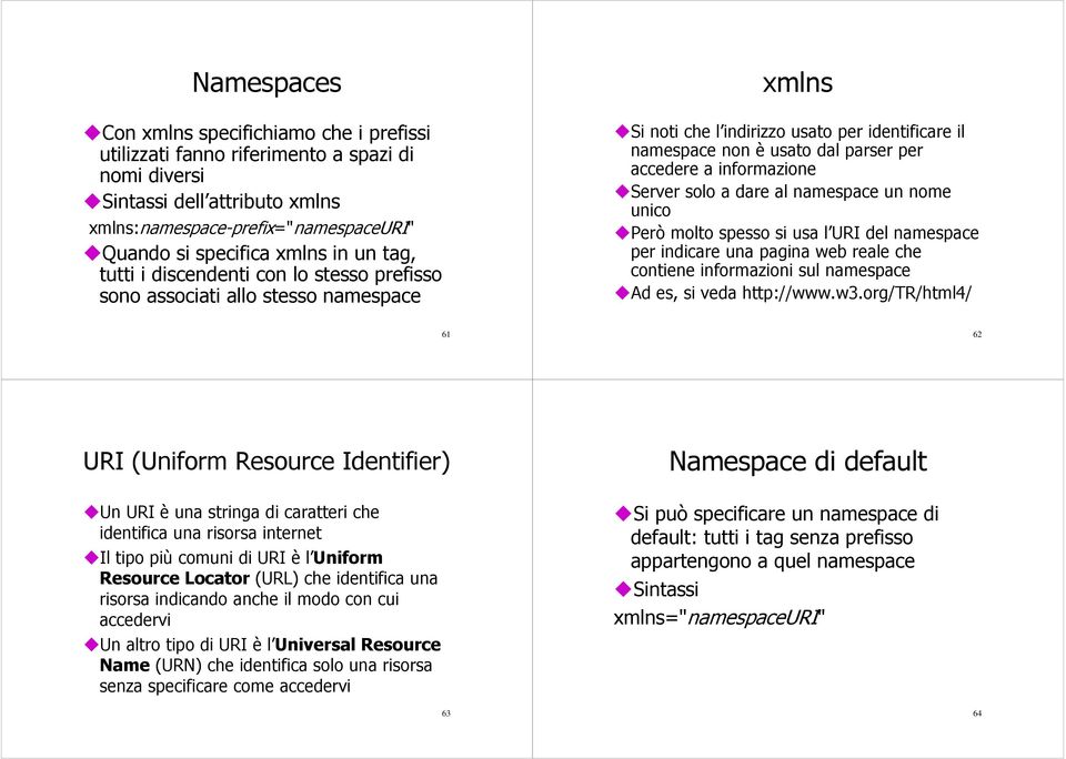 informazione Server solo a dare al namespace un nome unico Però molto spesso si usa l URI del namespace per indicare una pagina web reale che contiene informazioni sul namespace Ad es, si veda