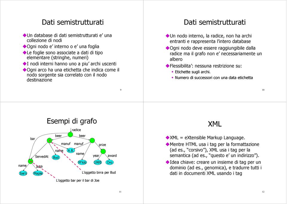 entranti e rappresenta l intero database Ogni nodo deve essere raggiungibile dalla radice ma il grafo non e necessariamente un albero Flessibilita : nessuna restrizione su: Etichette sugli archi.