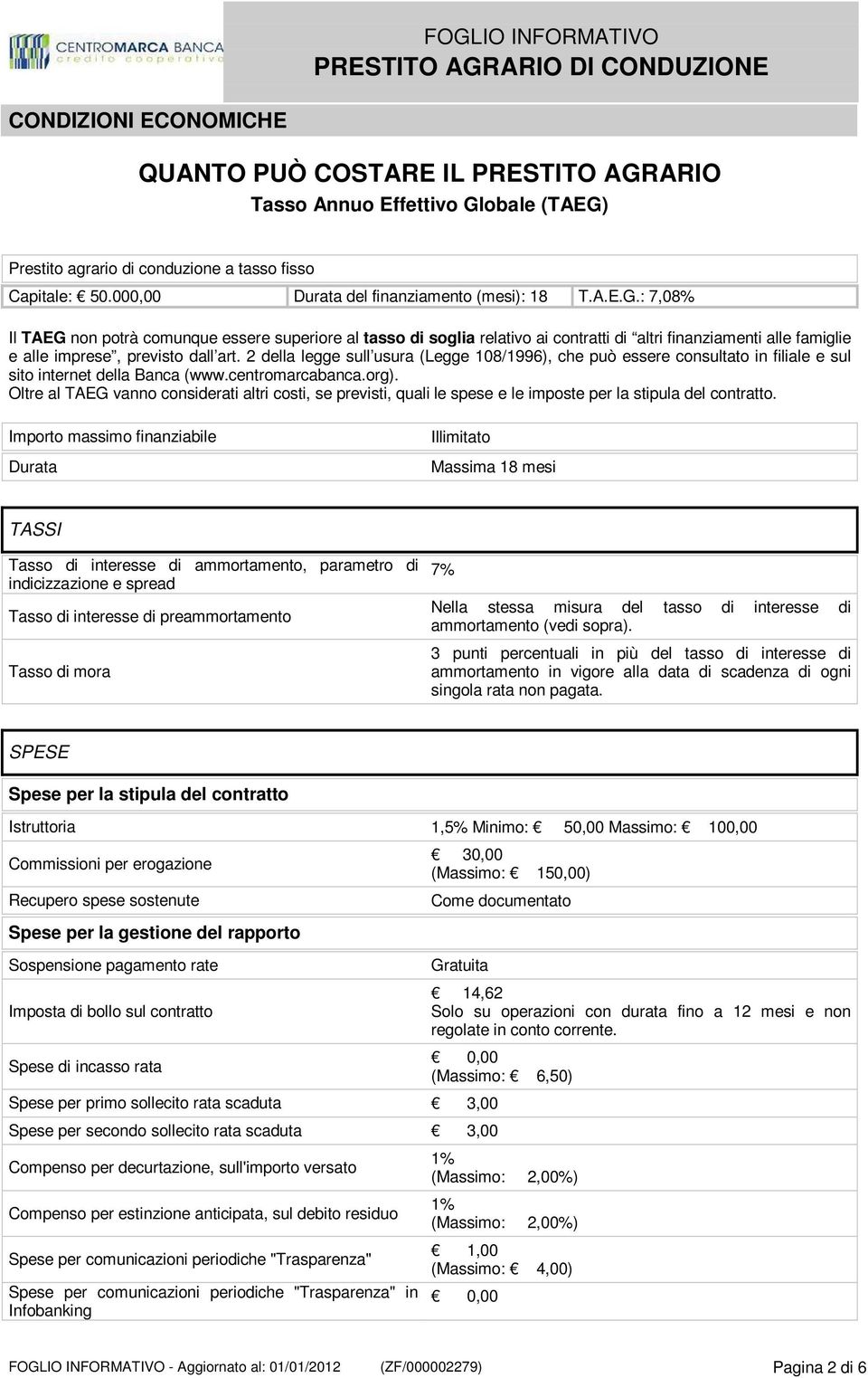 : 7,08% Il TAEG non potrà comunque essere superiore al tasso di soglia relativo ai contratti di altri finanziamenti alle famiglie e alle imprese, previsto dall art.