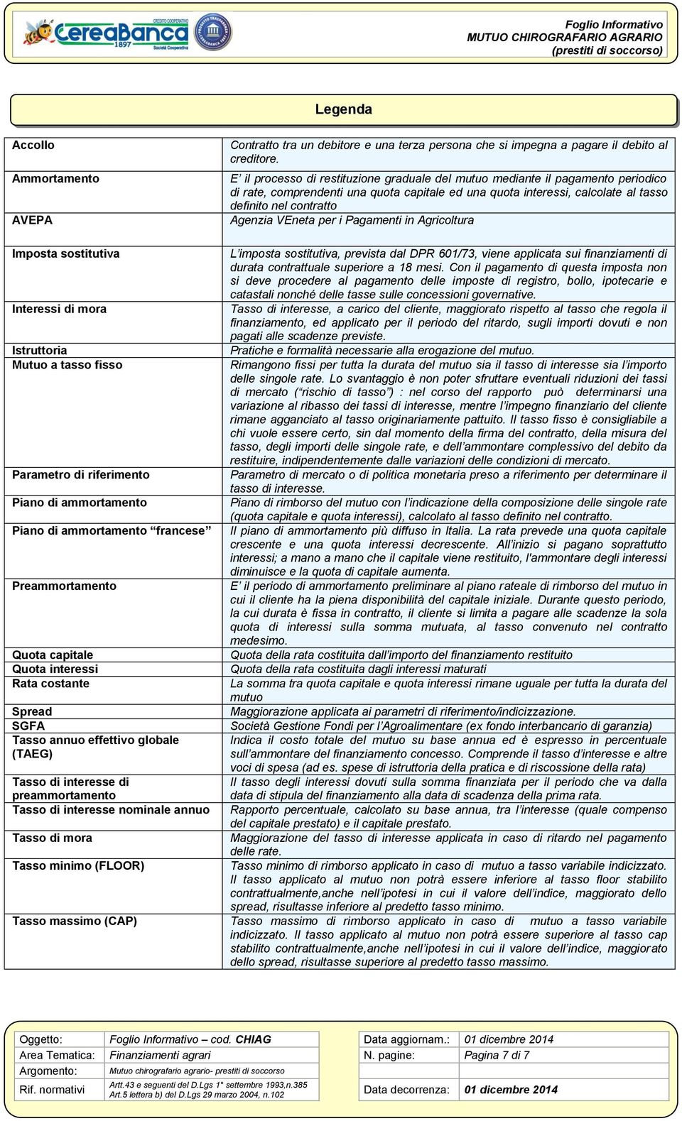 VEneta per i Pagamenti in Agricoltura Imposta sostitutiva Interessi di mora Istruttoria Mutuo a tasso fisso Parametro di riferimento Piano di ammortamento Piano di ammortamento francese