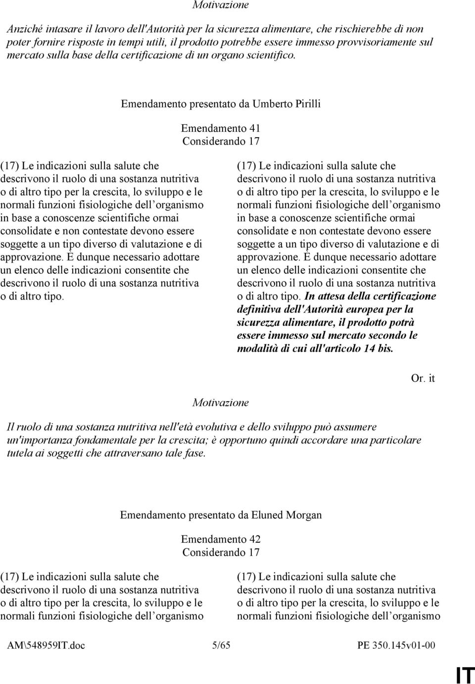 Emendamento presentato da Umberto Pirilli Emendamento 41 Considerando 17 (17) Le indicazioni sulla salute che descrivono il ruolo di una sostanza nutritiva o di altro tipo per la crescita, lo