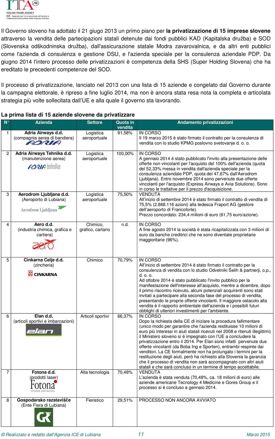 per la consulenza aziendale PDP. Da giugno 2014 l'intero processo delle privatizzazioni è competenza della SHS (Super Holding Slovena) che ha ereditato le precedenti competenze del SOD.