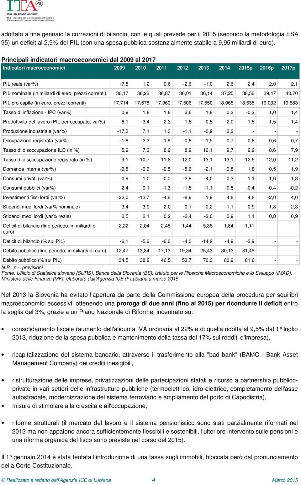 Principali indicatori macroeconomici dal 2009 al 2017 Indicatori macroeconomici 2009 2010 2011 2012 2013 2014 2015p 2016p 2017p PIL reale (var%) -7,8 1,2 0,6-2,6-1,0 2,6 2,4 2,0 2,1 PIL nominale (in