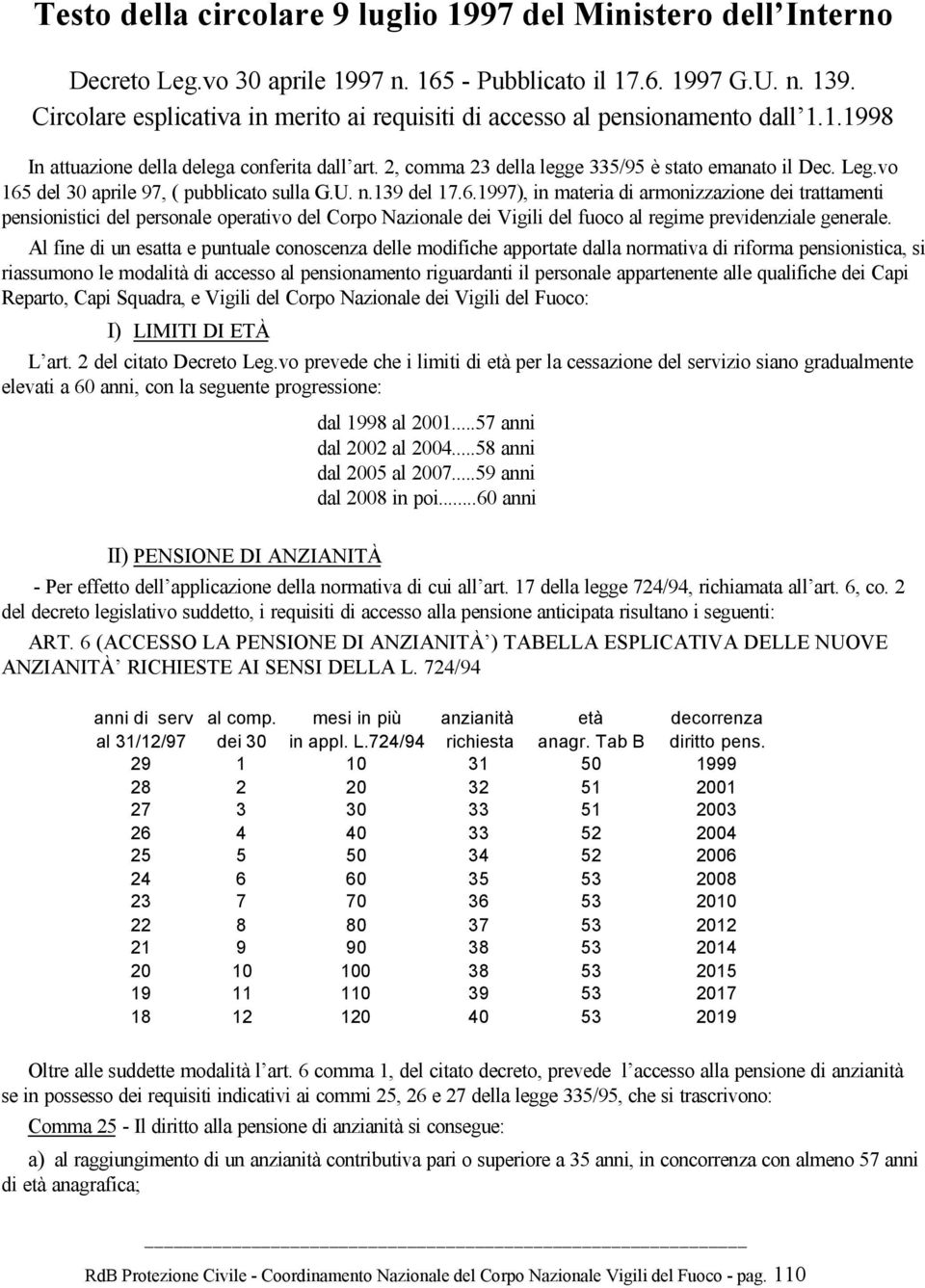 vo 165 del 30 aprile 97, ( pubblicato sulla G.U. n.139 del 17.6.1997), in materia di armonizzazione dei trattamenti pensionistici del personale operativo del Corpo Nazionale dei Vigili del fuoco al regime previdenziale generale.