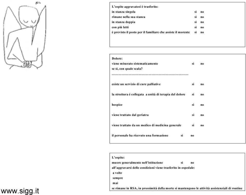 esiste un servizio di cure palliative sì no la struttura è collegata a unità di terapia del dolore sì no hospice sì no viene trattato dal geriatra sì no viene trattato da un medico di