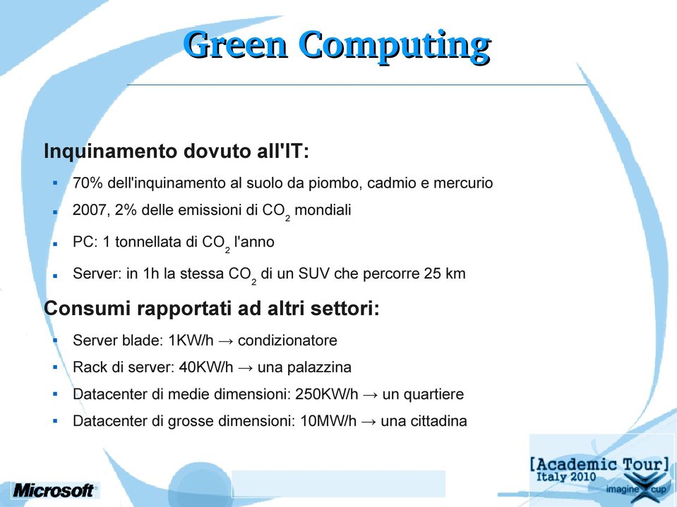 percorre 25 km Consumi rapportati ad altri settori: Server blade: 1KW/h condizionatore Rack di server: 40KW/h