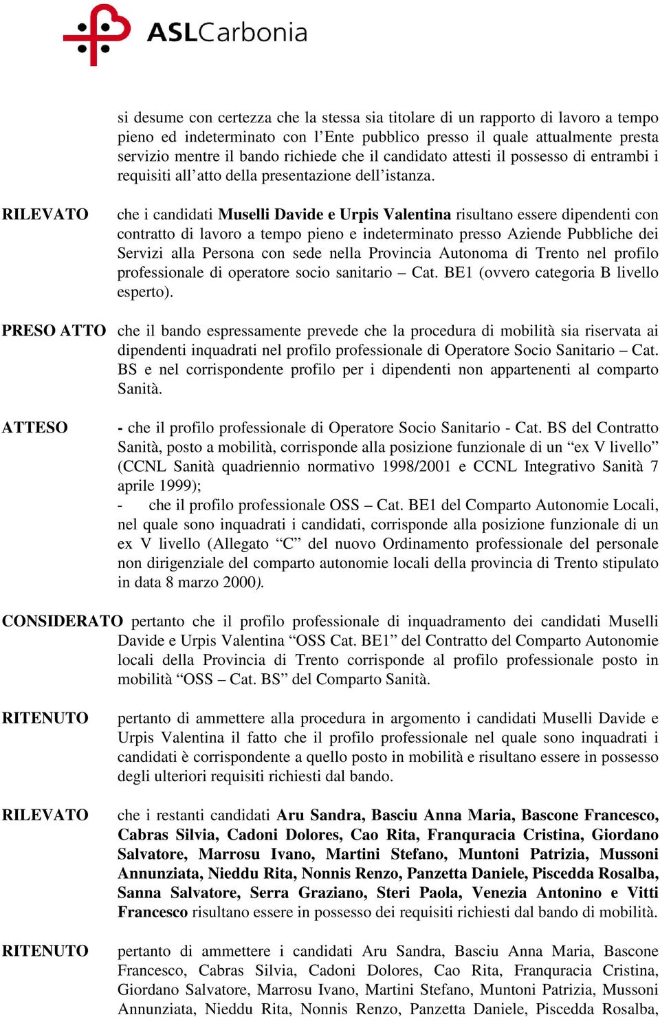 che i candidati Muselli Davide e Urpis Valentina risultano essere dipendenti con contratto di lavoro a tempo pieno e indeterminato presso Aziende Pubbliche dei Servizi alla Persona con sede nella