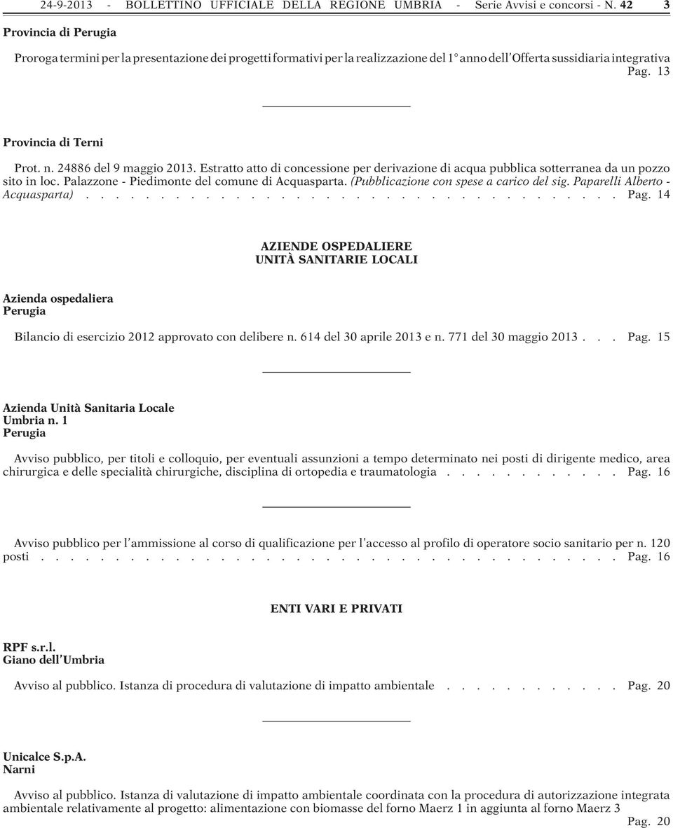 24886 del 9 maggio 2013. Estratto atto di concessione per derivazione di acqua pubblica sotterranea da un pozzo sito in loc. Palazzone - Piedimonte del comune di Acquasparta.