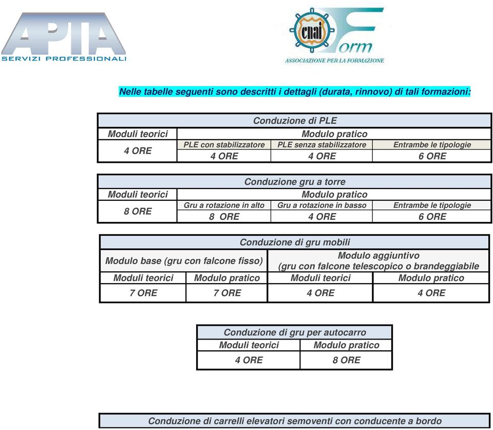 tipologie 8 ORE 4 ORE 6 ORE Conduzione di gru mobili Modulo aggiuntivo Modulo base (gru con falcone fisso) (gru con falcone telescopico o brandeggiabile Moduli teorici Modulo