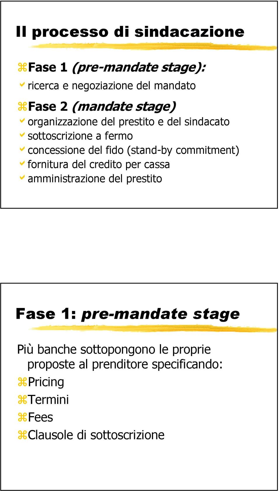 commitment) afornitura del credito per cassa aamministrazione del prestito Fase 1: pre-mandate stage Più