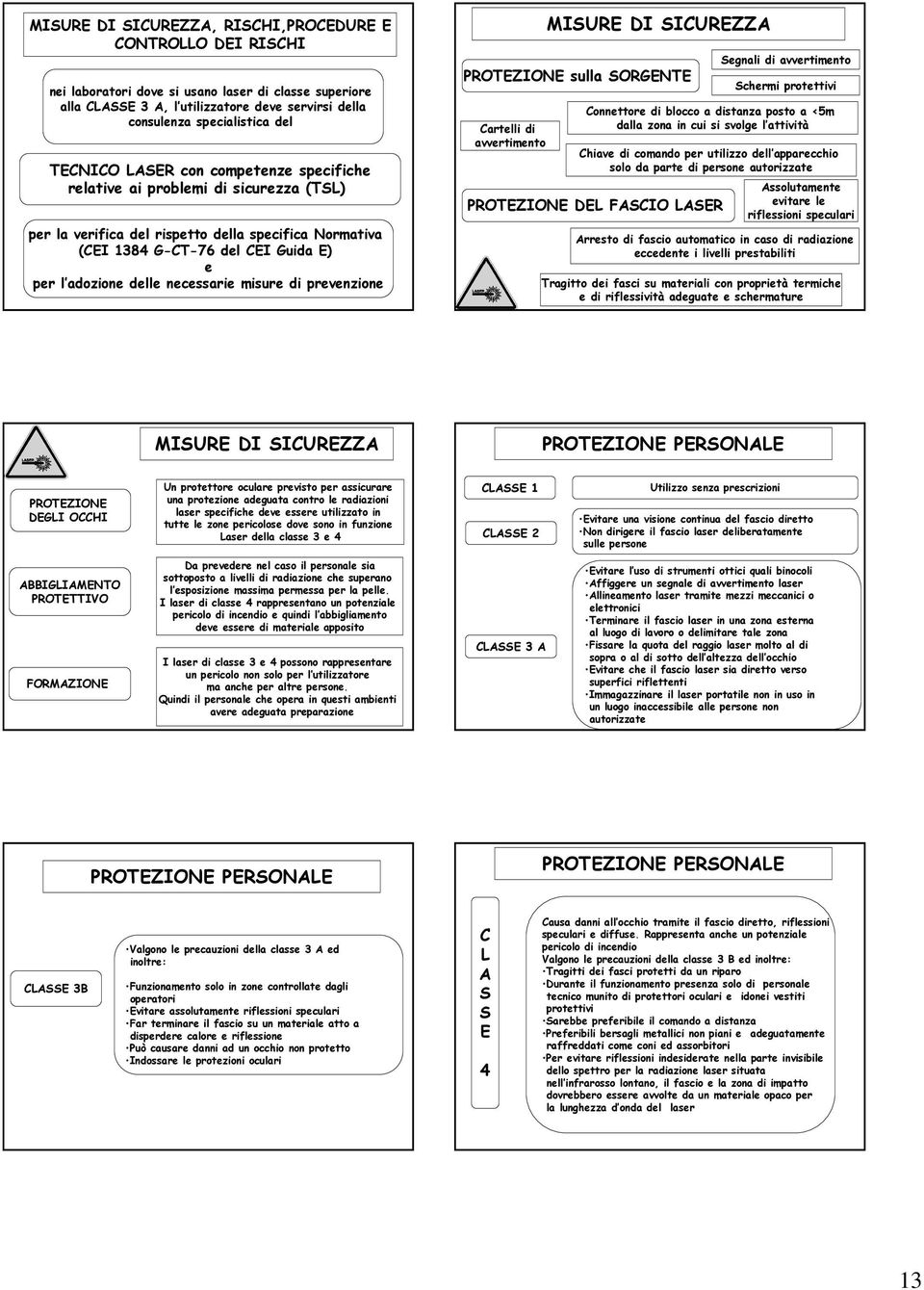 misure di prevenzione MSURE D SCUREZZA PROTEZONE sulla SORGENTE Cartelli di avvertimento Segnali di avvertimento Schermi protettivi Connettore di blocco a distanza posto a <5m dalla zona in cui si