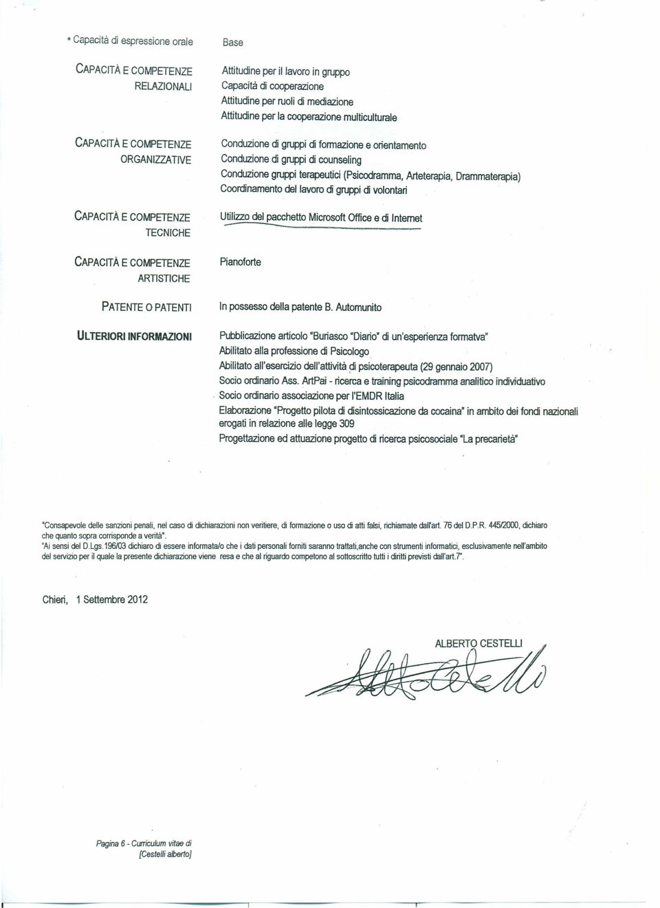 Coordinamento del lavoro di gruppi di volontari Utilizzo del pacchetto Microsoft Office e di Internet -- ------------------- Pianoforte PATENTE O PATENTI In possesso della patente B.