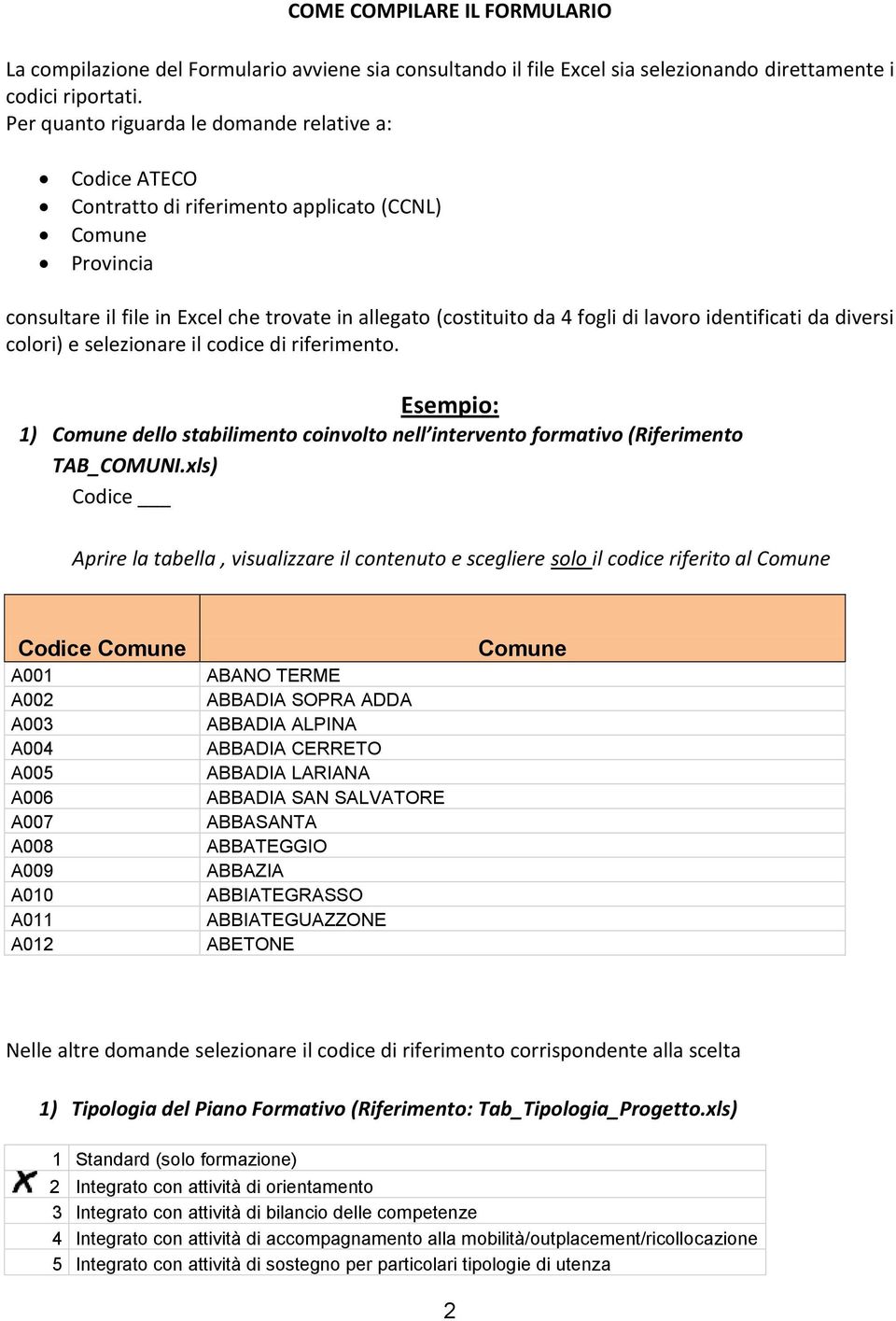 identificati da diversi colori) e selezionare il codice di riferimento. Esempio: 1) Comune dello stabilimento coinvolto nell intervento formativo (Riferimento TAB_COMUNI.