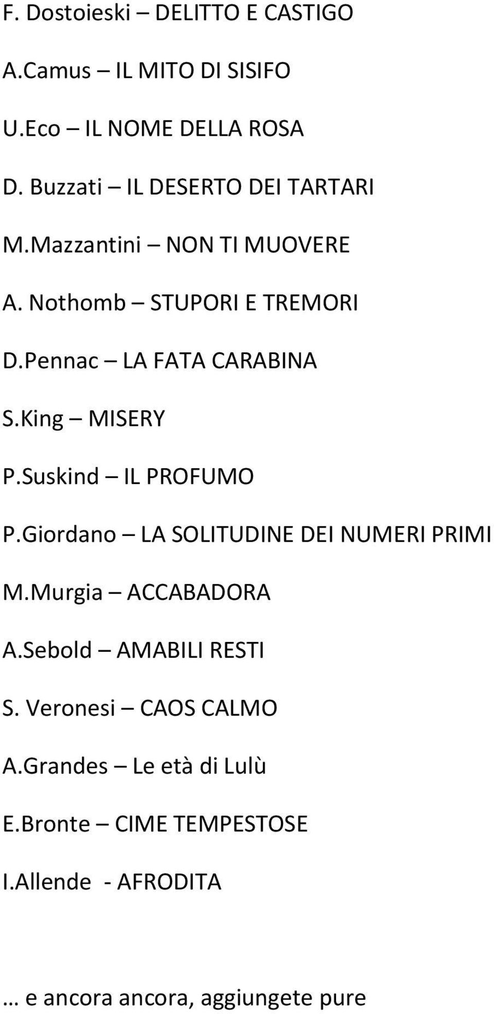 Pennac LA FATA CARABINA S.King MISERY P.Suskind IL PROFUMO P.Giordano LA SOLITUDINE DEI NUMERI PRIMI M.