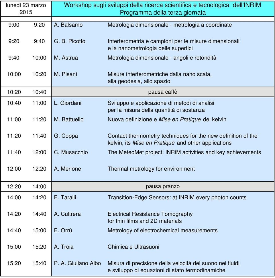 Astrua Metrologia dimensionale - angoli e rotondità 10:00 10:20 M. Pisani Misure interferometriche dalla nano scala, alla geodesia, allo spazio 10:20 10:40 pausa caffè 10:40 11:00 L.