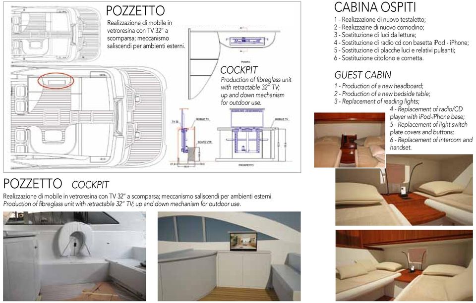 CABINA OSPITI 1 - Realizzazione di nuovo testaletto; 2 - Realizzazine di nuovo comodino; 3 - Sostituzione di luci da lettura; 4 - Sostituzione di radio cd con basetta ipod - iphone; 5 - Sostituzione