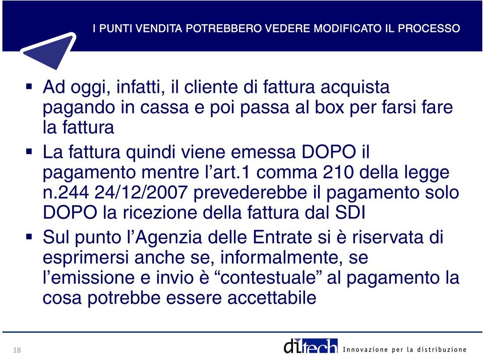 244 24/12/2007 prevederebbe il pagamento solo DOPO la ricezione della fattura dal SDI Sul punto l Agenzia delle Entrate si è