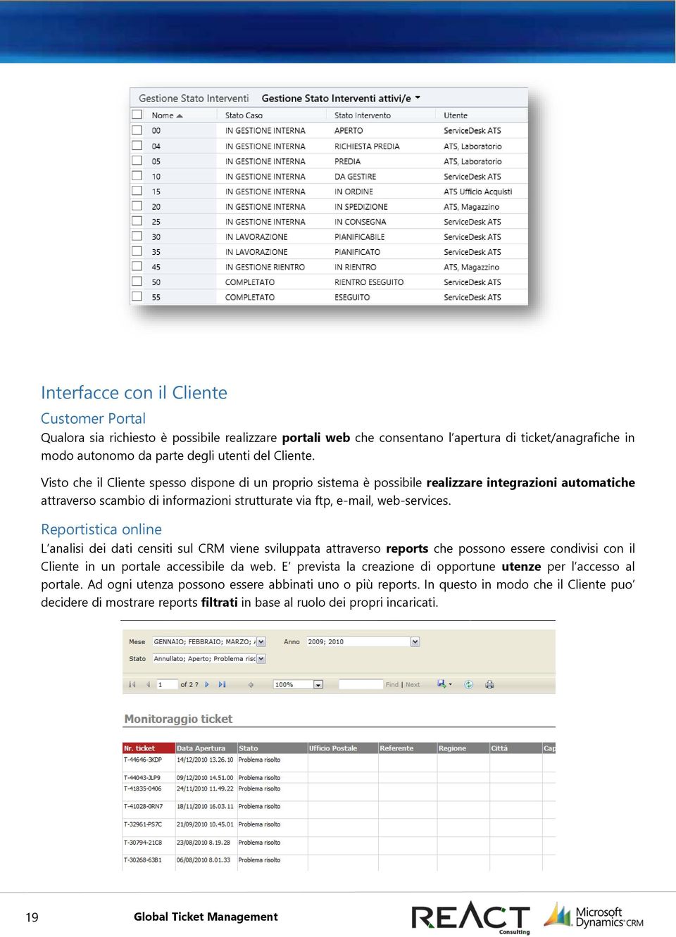 Reportistica online L analisi dei dati censiti sul CRM viene sviluppata attraverso reports che possono essere condivisi con il Cliente in un portale accessibile da web.