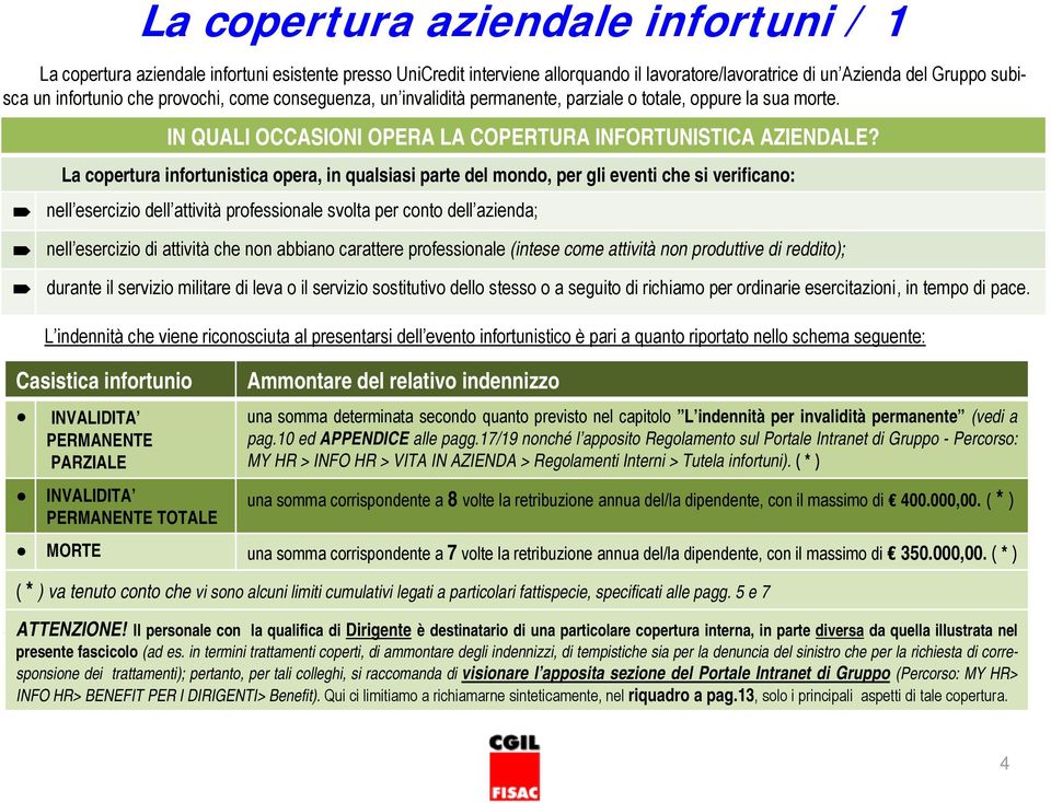 La copertura infortunistica opera, in qualsiasi parte del mondo, per gli eventi che si verificano: nell esercizio dell attività professionale svolta per conto dell azienda; nell esercizio di attività