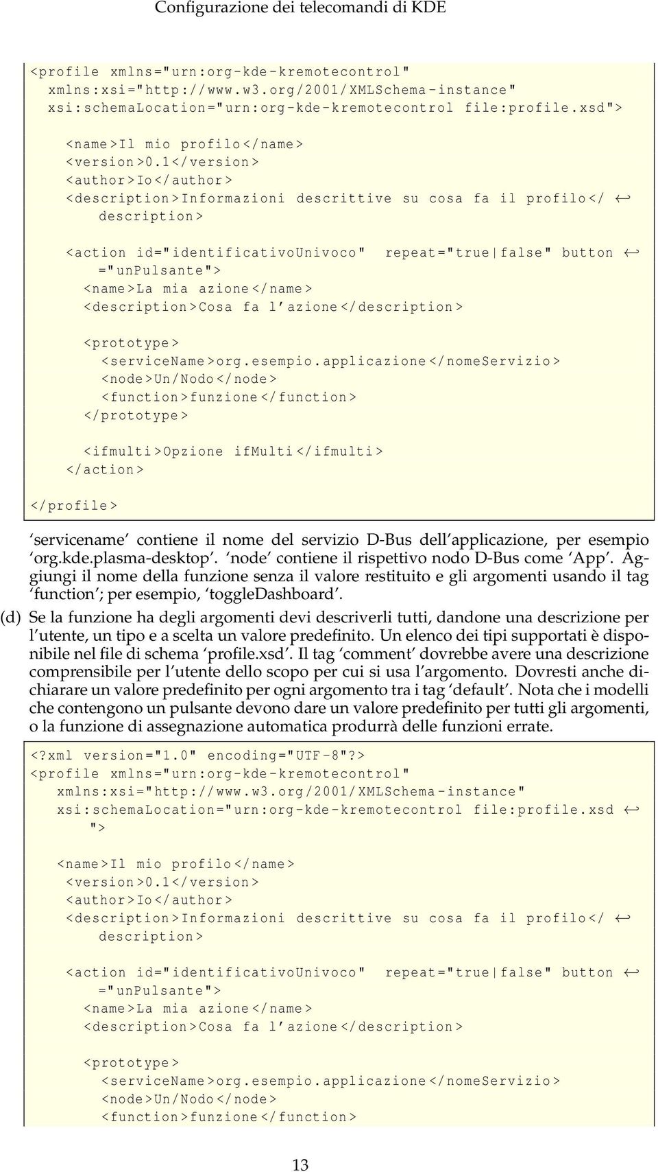1 </ version > <author >Io </ author > <description > Informazioni descrittive su cosa fa il profilo </ description > <action id =" identificativounivoco " repeat =" true false" button =" unpulsante