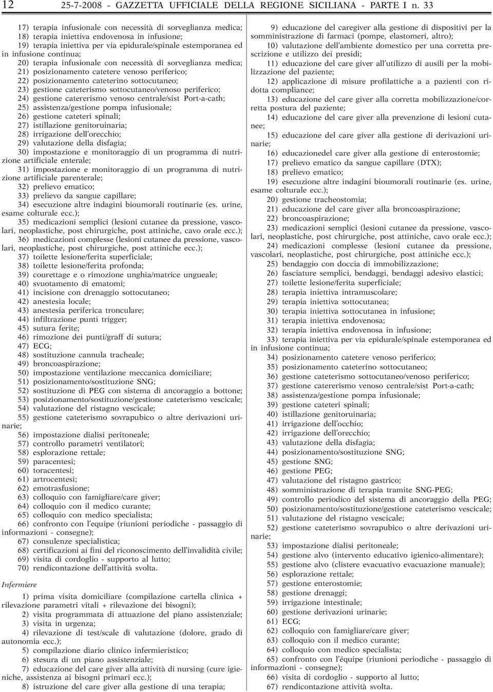 20) terapia infusionale con necessità di sorveglianza medica; 21) posizionamento catetere venoso periferico; 22) posizionamento cateterino sottocutaneo; 23) gestione cateterismo sottocutaneo/venoso