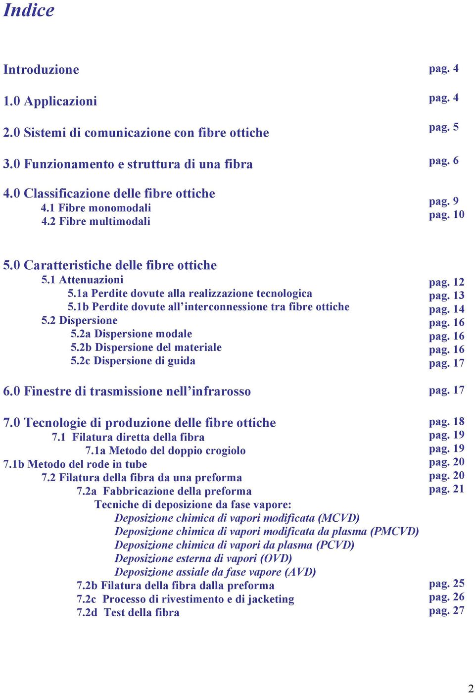 1b Perdite dovute all interconnessione tra fibre ottiche 5.2 Dispersione 5.2a Dispersione modale 5.2b Dispersione del materiale 5.2c Dispersione di guida 6.