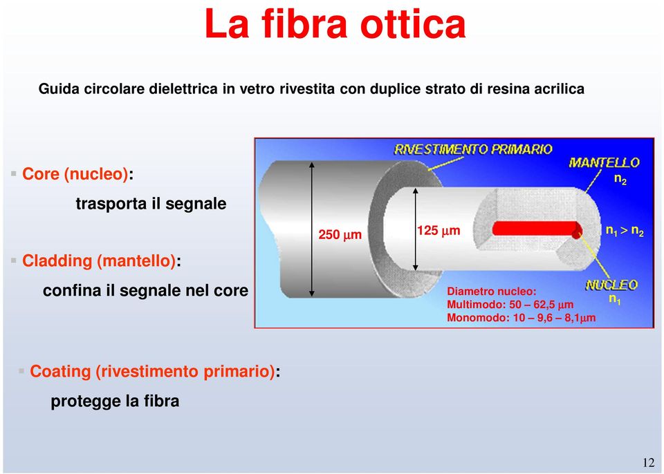 il segnale nel core 250 µm 125 µm Diametro nucleo: Multimodo: 50 62,5 µm Monomodo: