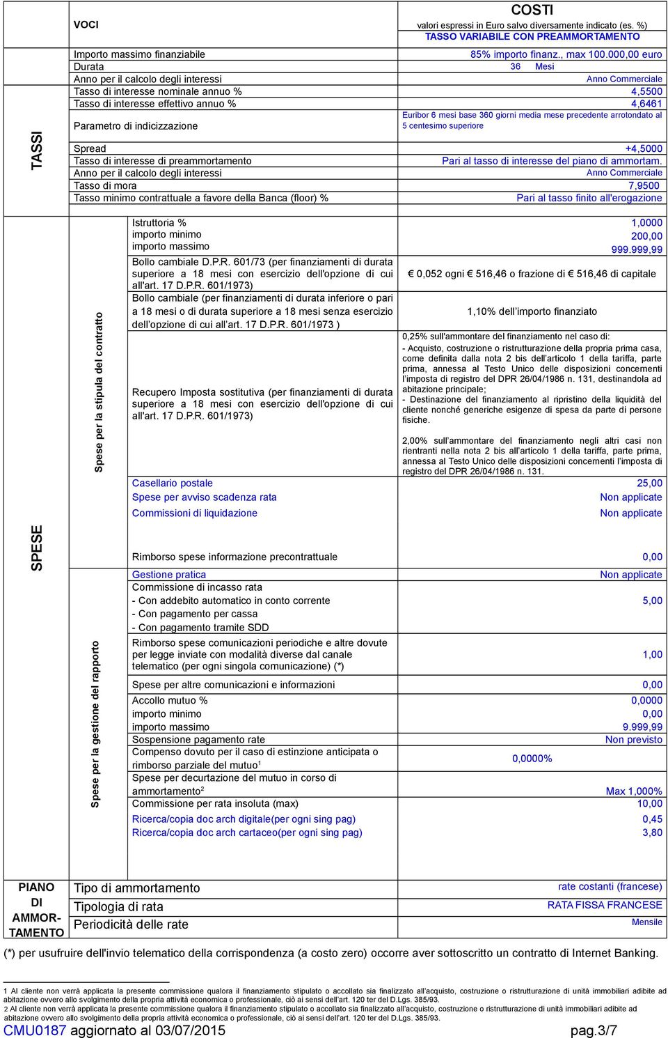 media mese precedente arrotondato al Parametro di indicizzazione 5 centesimo superiore Spread +4,5000 Tasso di interesse di preammortamento Pari al tasso di interesse del piano di ammortam.