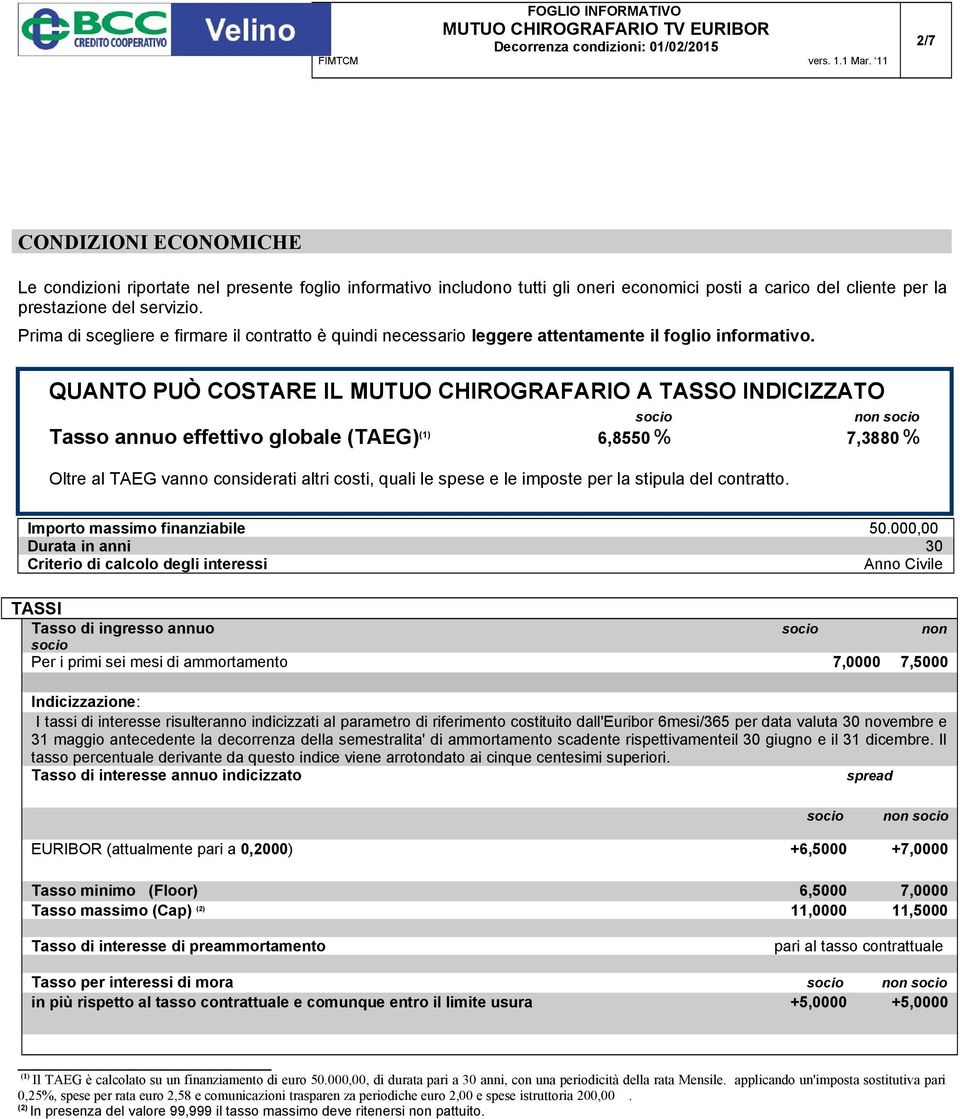 QUANTO PUÒ COSTARE IL MUTUO CHIROGRAFARIO A TASSO INDICIZZATO non Tasso annuo effettivo globale (TAEG) (1) 6,8550 % 7,3880 % Oltre al TAEG vanno considerati altri costi, quali le spese e le imposte