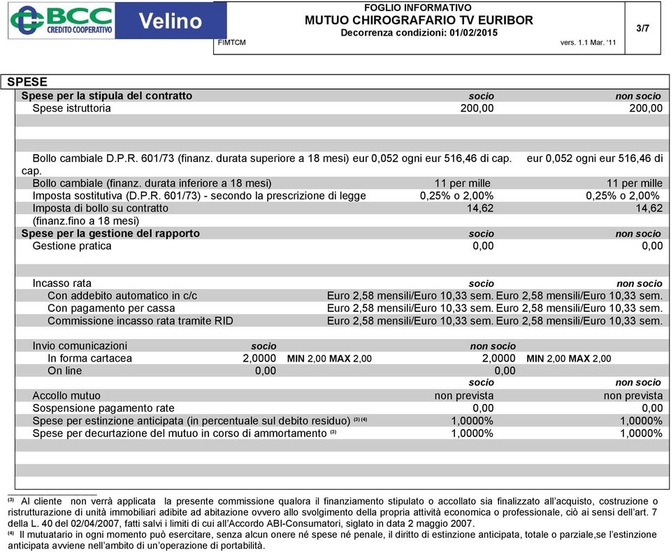 601/73) - secondo la prescrizione di legge 0,25% o 2,00% 0,25% o 2,00% Imposta di bollo su contratto 14,62 14,62 (finanz.