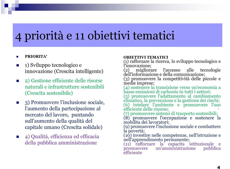 efficienza ed efficacia della pubblica amministrazione OBIETTIVI TEMATICI (1) rafforzare la ricerca, lo sviluppo tecnologico e l'innovazione; (2) migliorare l'accesso alle tecnologie