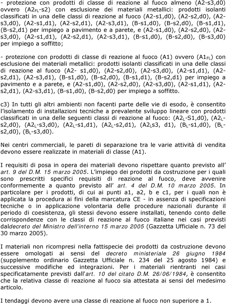 (A2-s1,d1), (A2-s2,d1), (A2-s3,d1), (B-s1,d0), (B-s2,d0), (B-s3,d0) per impiego a soffitto; - protezione con prodotti di classe di reazione al fuoco (A1) ovvero (A1 FL ) con esclusione dei materiali