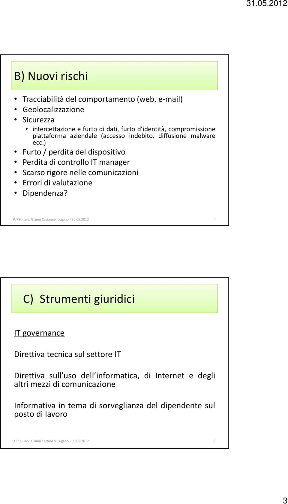 ) Furto/ perdita del dispositivo Perdita di controllo IT manager Scarso rigore nelle comunicazioni Errori di valutazione Dipendenza? SUPSI- avv.