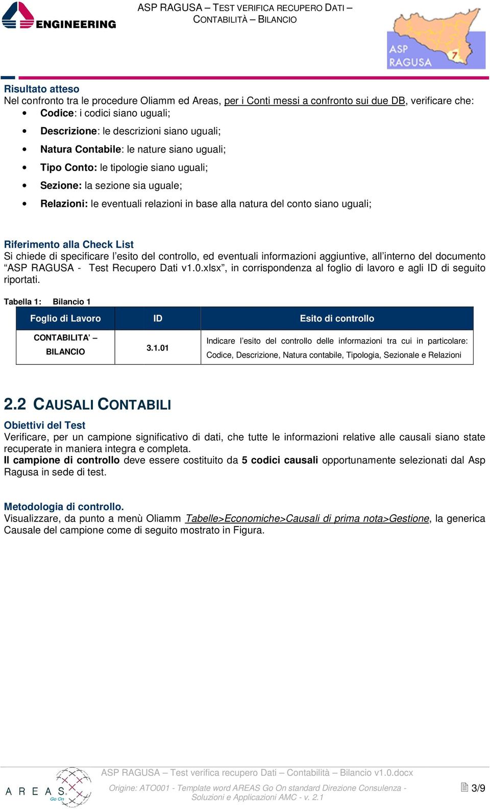 Riferimento alla Check List Si chiede di specificare l esito del controllo, ed eventuali informazioni aggiuntive, all interno del documento ASP RAGUSA - Test Recupero Dati v1.0.