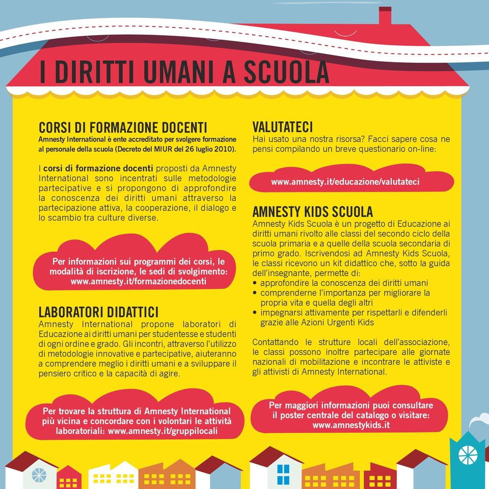 partecipazione attiva, la cooperazione, il dialogo e lo scambio tra culture diverse. Per informazioni sui programmi dei corsi, le modalità di iscrizione, le sedi di svolgimento: www.amnesty.