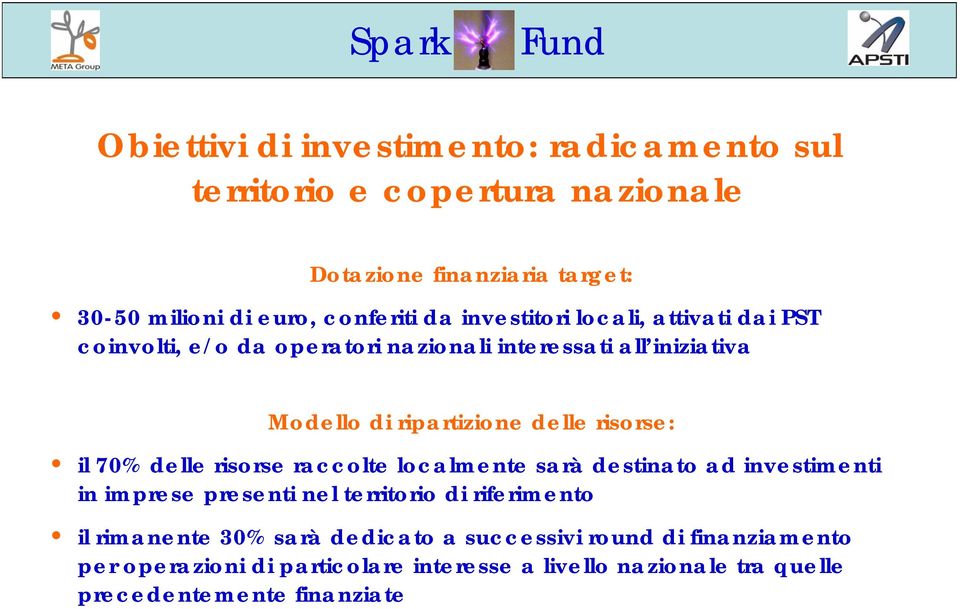 il 70% delle risorse raccolte localmente sarà destinato ad investimenti in imprese presenti nel territorio di riferimento il rimanente 30%