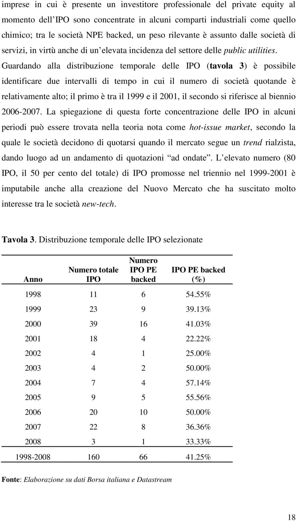 Guardando alla distribuzione temporale delle IPO (tavola 3) è possibile identificare due intervalli di tempo in cui il numero di società quotande è relativamente alto; il primo è tra il 1999 e il