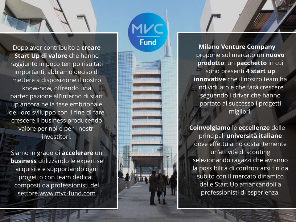 Siamo in grado di accelerare un business utilizzando le expertise acquisite e supportando ogni progetto con team dedicati composti da professionisti del settore.www.mvc-fund.