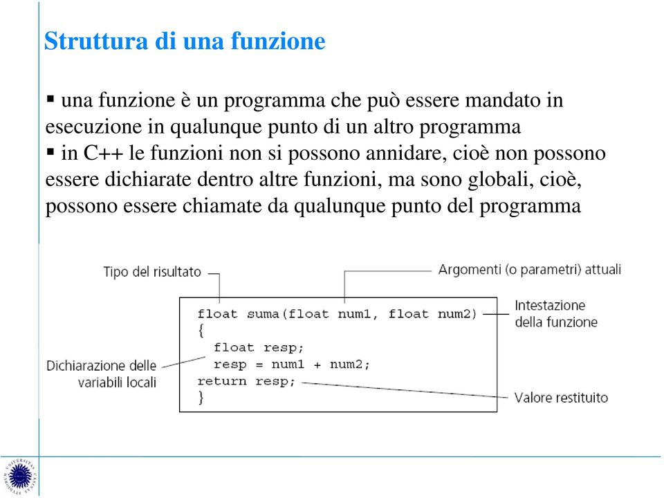 si possono annidare, cioè non possono essere dichiarate dentro altre funzioni,