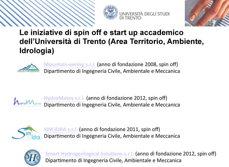 r.l. (anno di fondazione 2012, spin off) SIM IDRA s.r.l. (anno di fondazione 2011, spin off) Smart Hydrogeological Solu:ons s.