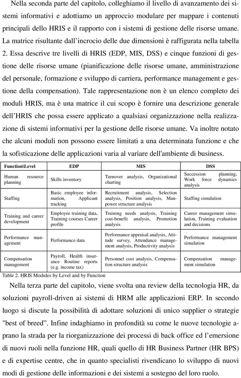 Essa descrive tre livelli di HRIS (EDP, MIS, DSS) e cinque funzioni di gestione delle risorse umane (pianificazione delle risorse umane, amministrazione del personale, formazione e sviluppo di