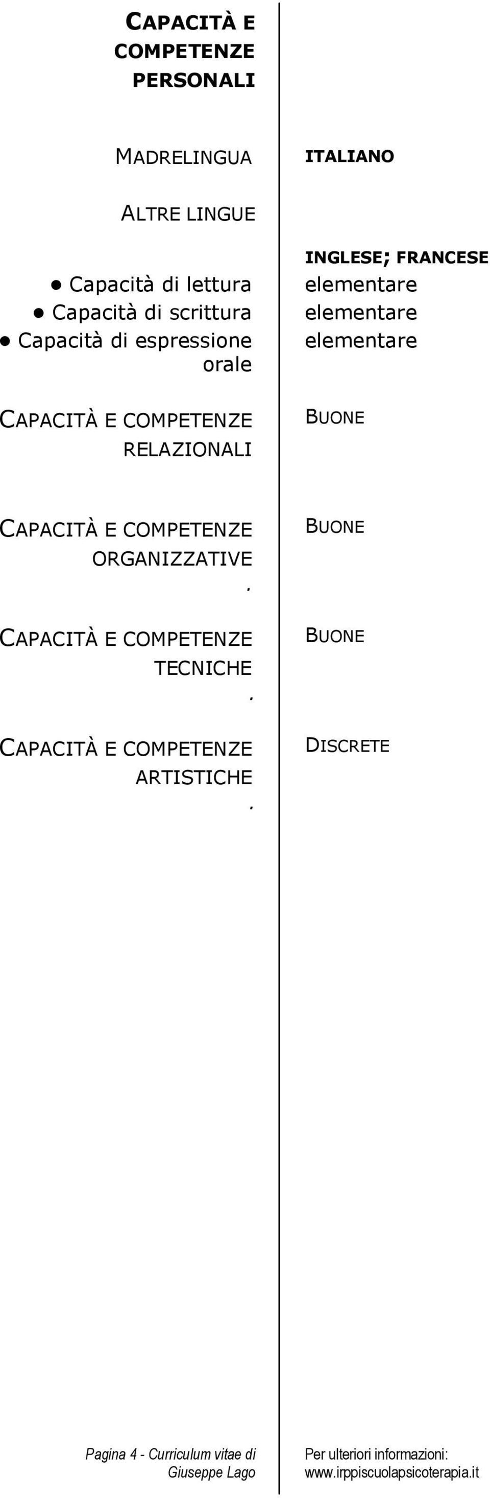 INGLESE; FRANCESE elementare elementare elementare RELAZIONALI BUONE