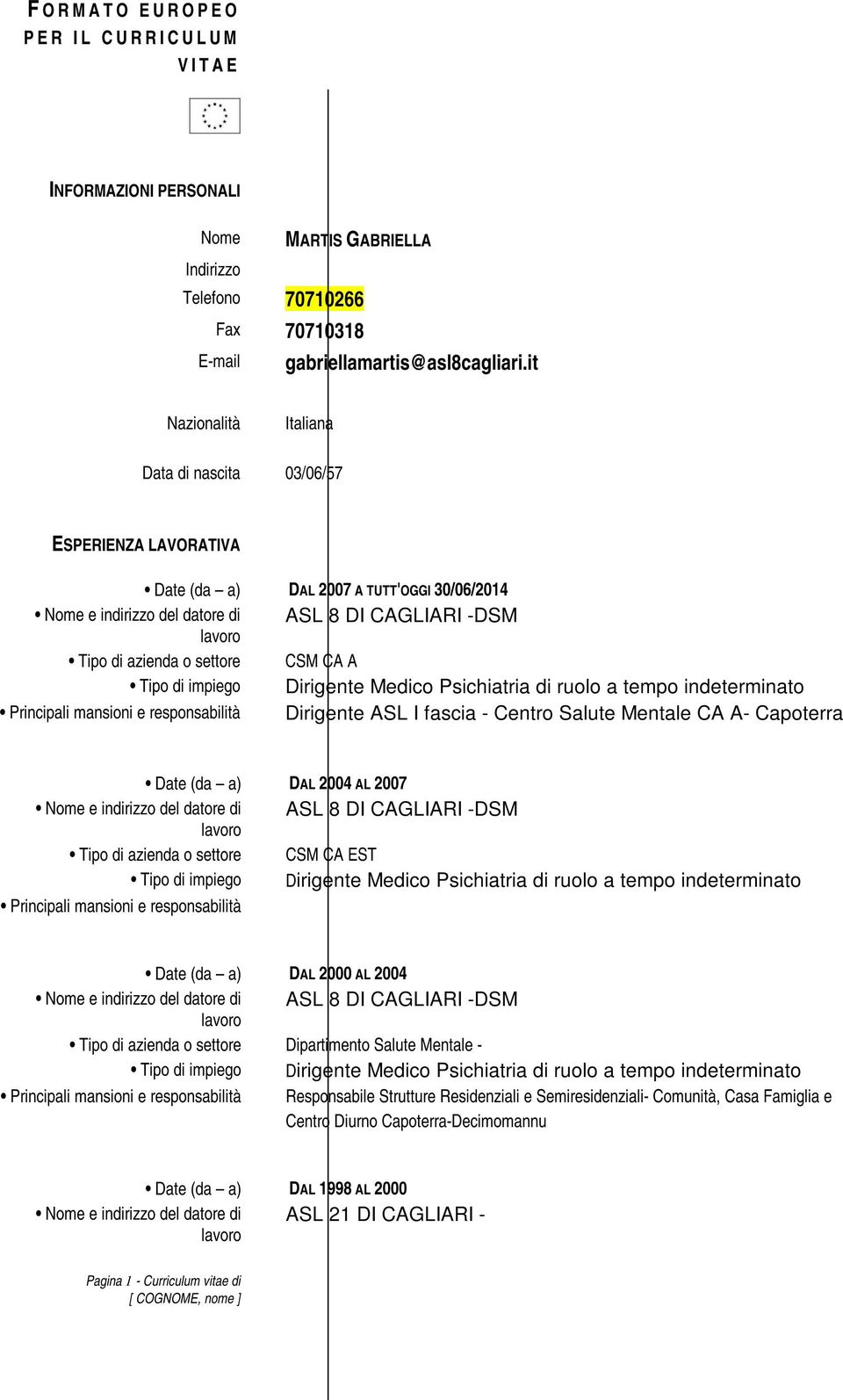 Mentale CA A- Capoterra Date (da a) DAL 2004 AL 2007 Tipo di azienda o settore CSM CA EST Date (da a) DAL 2000 AL 2004 Tipo di azienda o settore Dipartimento Salute Mentale - Responsabile