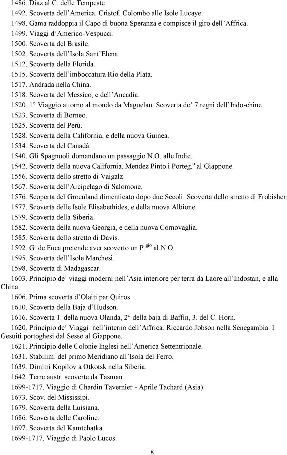 1518. Scoverta del Messico, e dell Ancadia. 1520. 1 Viaggio attorno al mondo da Maguelan. Scoverta de 7 regni dell Indo-chine. 1523. Scoverta di Borneo. 1525. Scoverta del Perù. 1528.