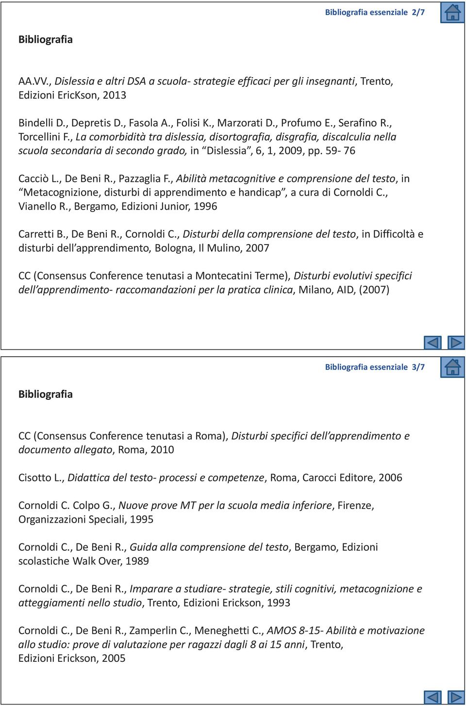 59-76 Cacciò L., De Beni R., Pazzaglia F., Abilità metacognitive e comprensione del testo, in Metacognizione, disturbi di apprendimento e handicap, a cura di Cornoldi C., Vianello R.