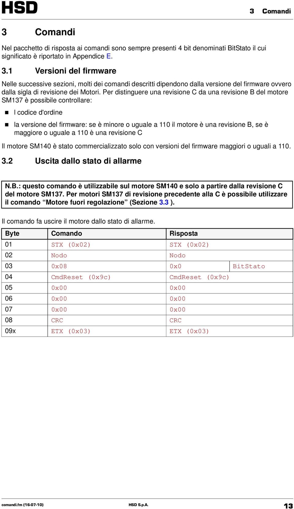 maggiore o uguale a 110 è una revisione C Il motore SM140 è stato commercializzato solo con versioni del firmware maggiori o uguali a 110. 3.2 Uscita dallo stato di allarme N.B.