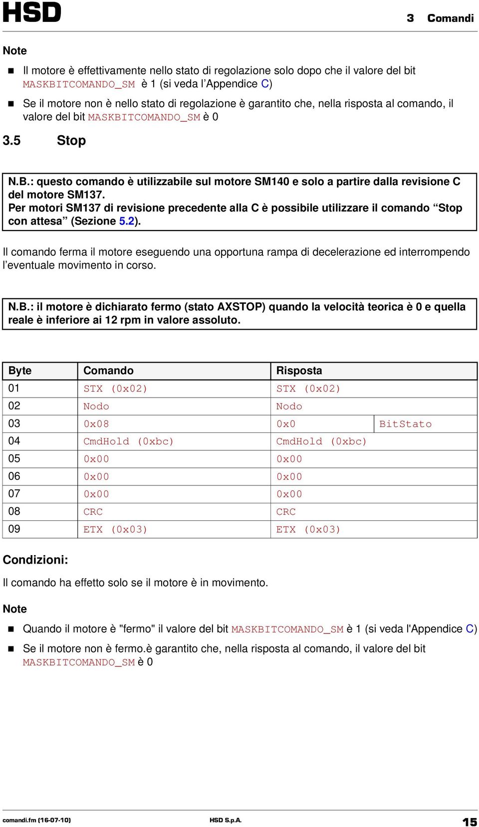 Per motori SM137 di revisione precedente alla C è possibile utilizzare il comando Stop con attesa (Sezione 5.2).