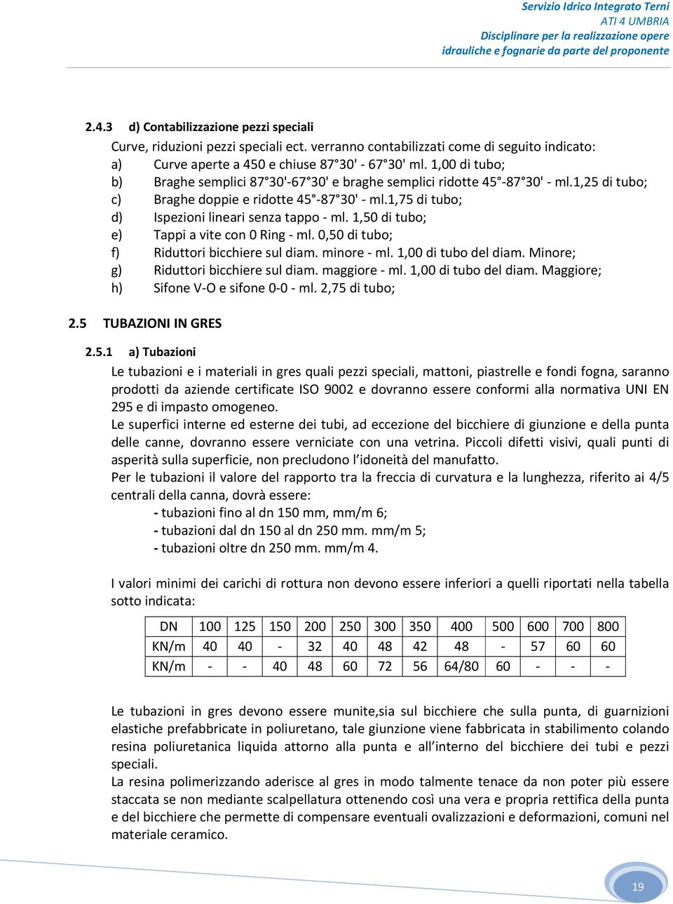 1,50 di tubo; e) Tappi a vite con 0 Ring - ml. 0,50 di tubo; f) Riduttori bicchiere sul diam. minore - ml. 1,00 di tubo del diam. Minore; g) Riduttori bicchiere sul diam. maggiore - ml.